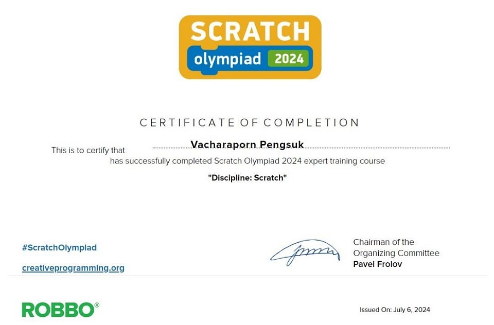 เข้าร่วมโครงการ Scratch Olympiad 2024 ประเทศไทย เพื่อเป็นคณะกรรมการการตัดสินผลงานนักเรียนในการแข่งขันทักษะทางวิชาการ และร่วมแลกเปลี่ยนเรียนรู้ในระดับสากล