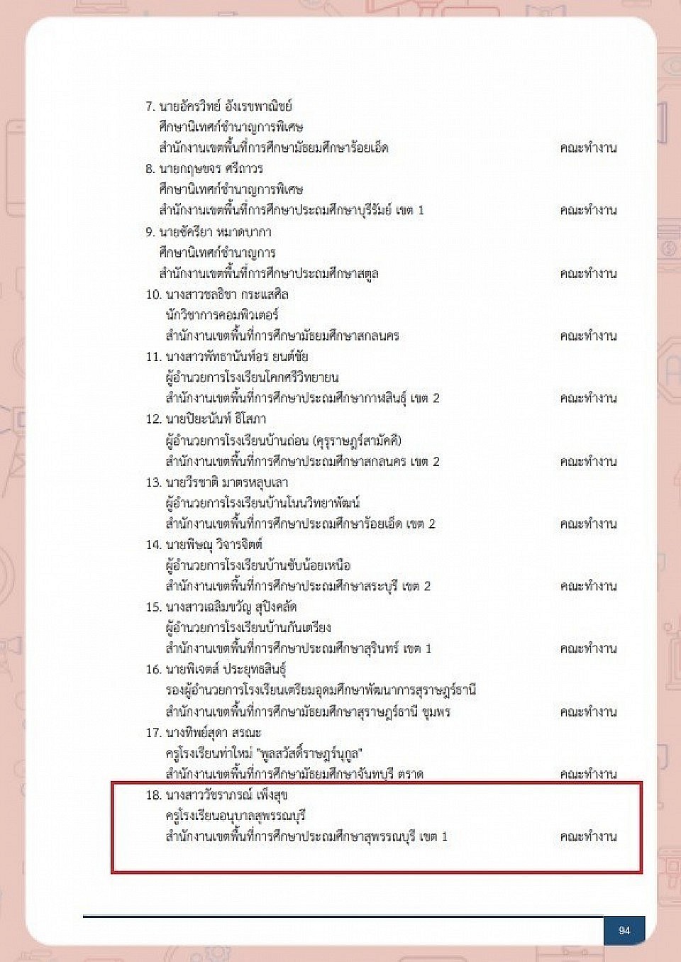 เข้าร่วมประชุมเชิงปฏิบัติการและเป็นคณะทำงาน เรื่อง สมรรถนะดิจิทัล จัดโดยสำนักงานคณะกรรมการการศึกษาขั้นพื้นฐาน โดยมีจุดประสงค์เพื่อจัดทำคู่มือการพัฒนาสมรรถนะดิจิทัลให้ครูและบุคลากรทางการศึกษา เพื่อใช้เป็นแนวทางในการปฏิบัติด้านการพัฒนาสมรรถนะดิจิทัลให้เป็นไปในมาตราฐานเดียวกัน โดยศูนย์บริหารงานการพัฒนาศักยภาพบุคคลเพื่อความเป็นเลิศ (ศบศ.) สำนักงานคณะกรรมการการศึกษาขั้นพื้นฐาน ทุกท่านสามารถพัฒนาตนเองด้วยการอบรมพัฒนาสมรรถนะทางด้านดิจิทัล (Digital Competency)  ระดับพื้นฐาน (Basic Digital Competency) DC1 - DC3  ระดับกลาง (Intermediate Digital Competency) DC4 - DC5  ระดับสูง (Advanced Digital Competency) DC6 - DC7  เว็บไซต์หลักอบรมการพัฒนาทักษะสำหรับครูและบุคลากรทางการศึกษา โดยสำนักงานคณะกรรมการการศึกษาขั้นพื้นฐาน https://learning-obec.com